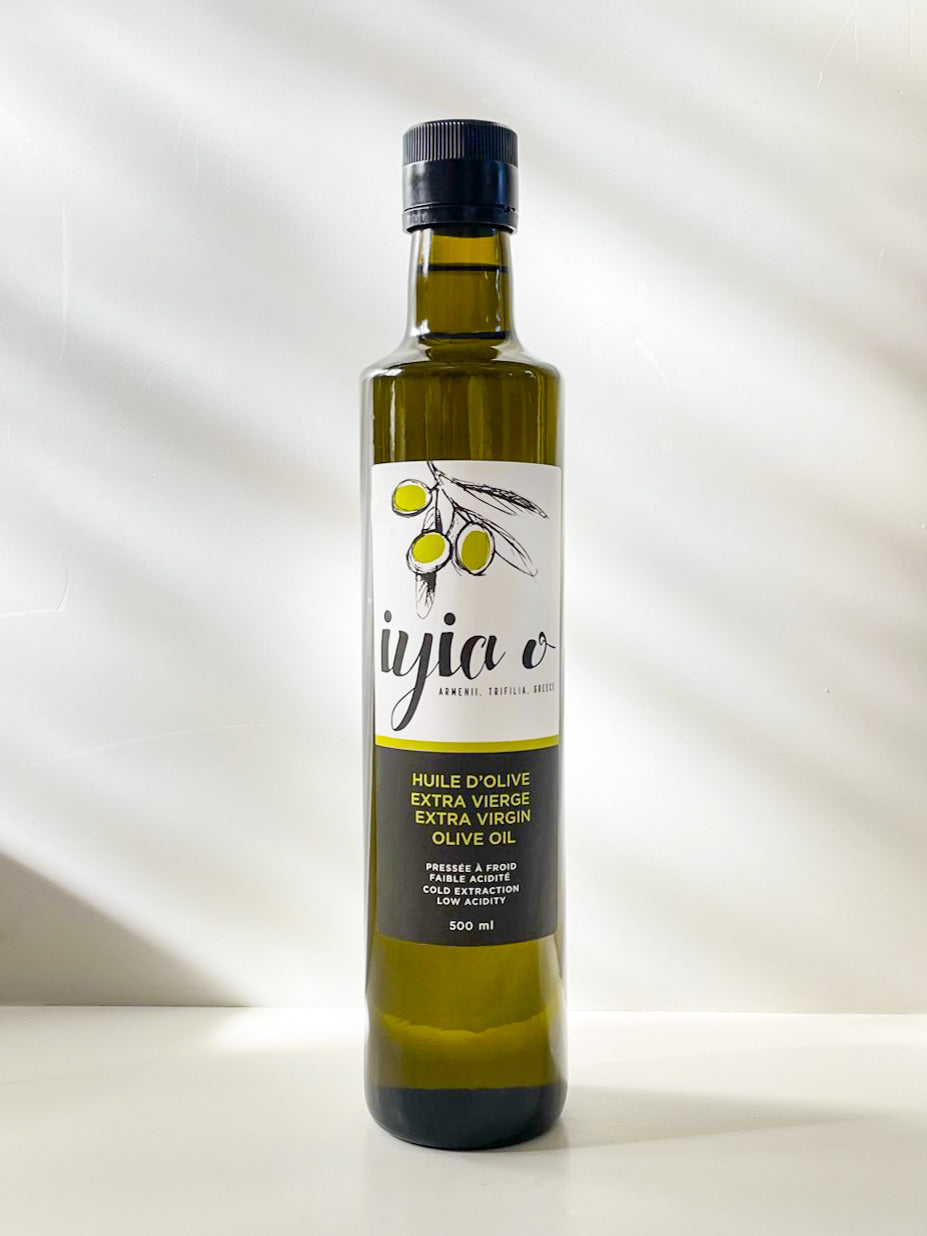 Iyia Food Group's Greek extra virgin olive oil in a 500ml dark glass bottle.