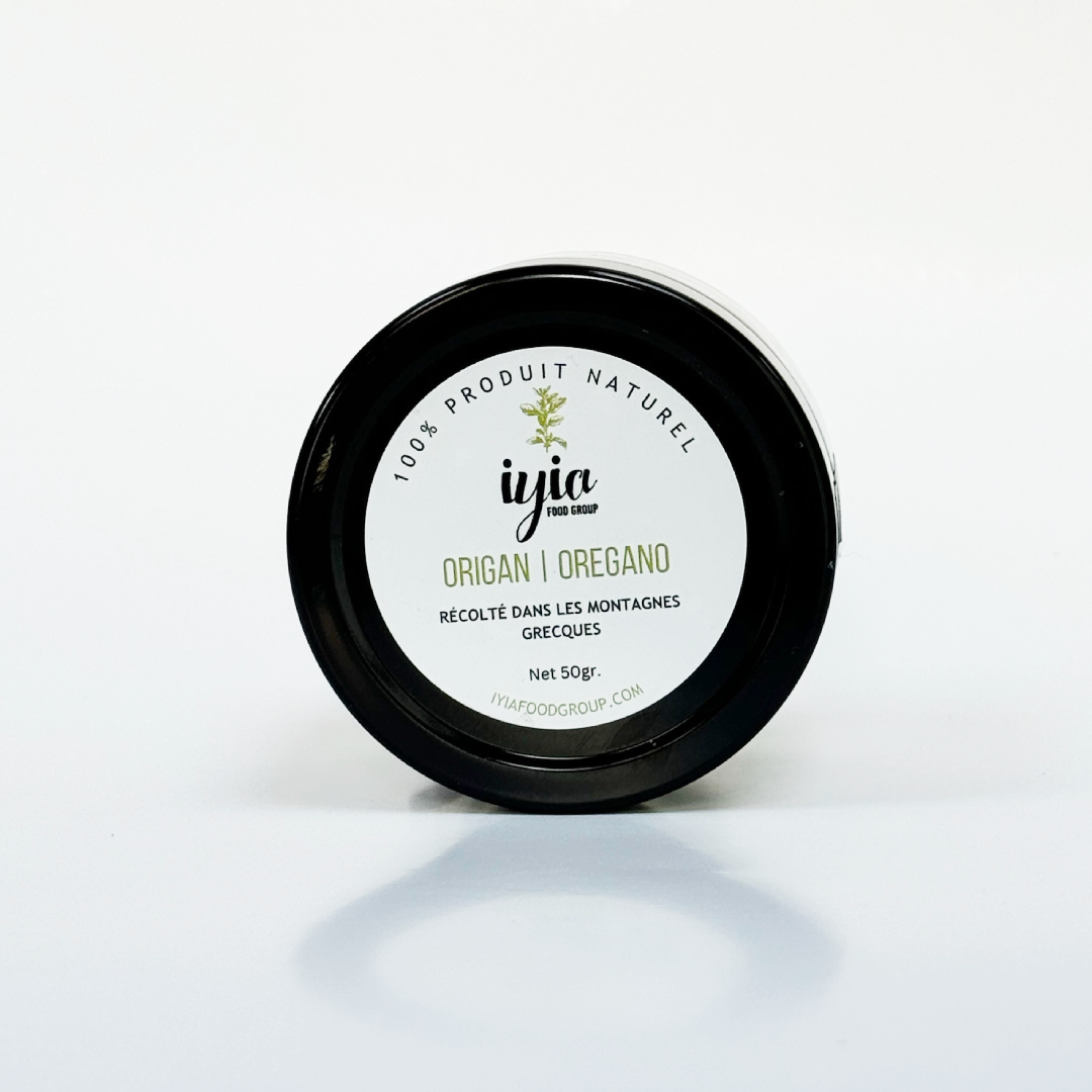 Lid view of a 50g glass jar containing 100% natural dried oregano.