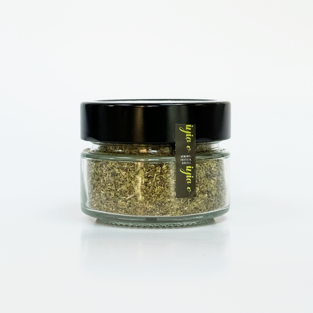 Dried oregano in a 50g glass jar, front view. High-quality, natural ingredient for cooking.